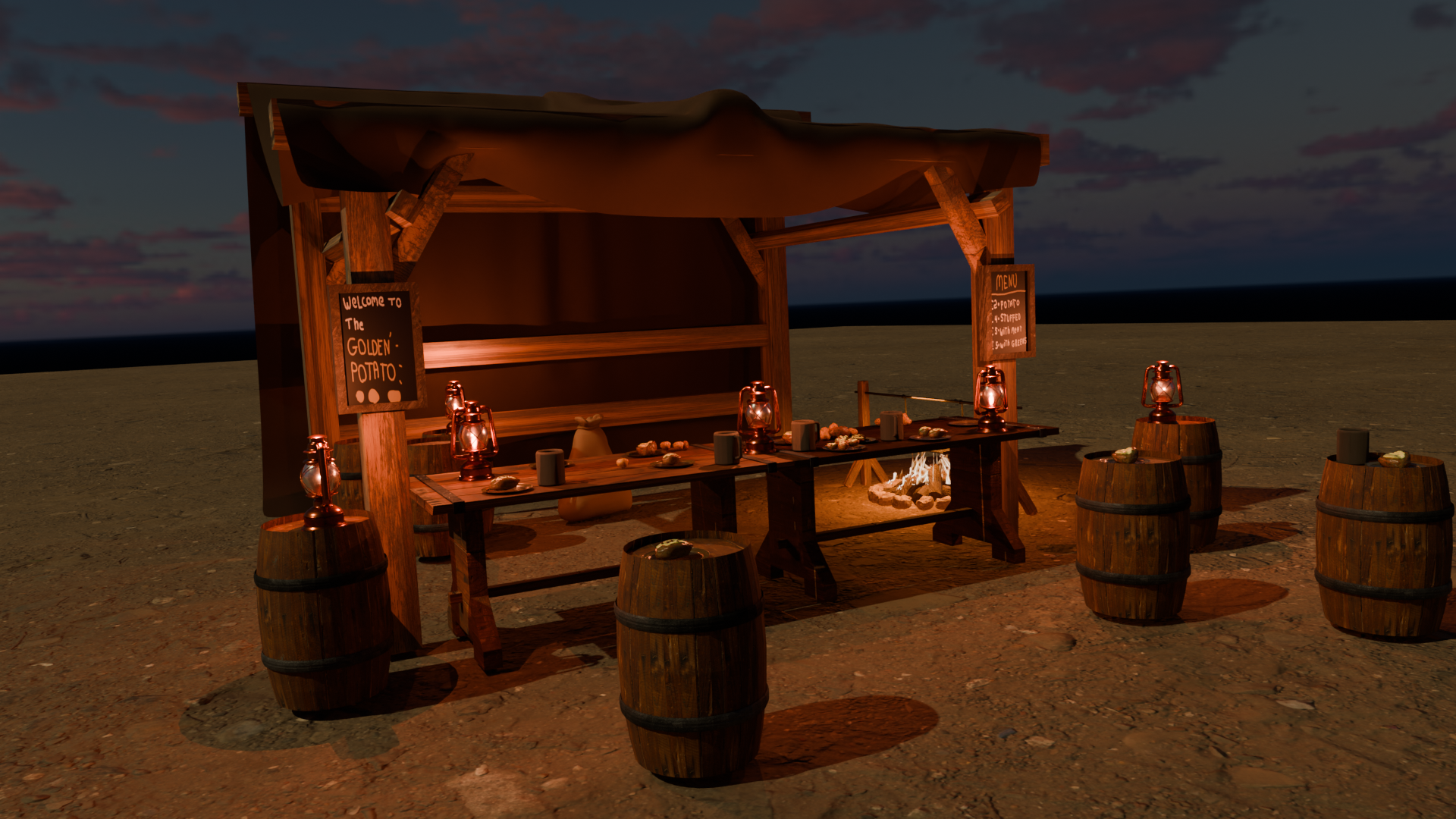 3D-render voor een houten marktkraam dat aardappels verkoopt met houten vater eromheen